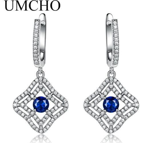 UMCHO Blue Sapphire Long Clip Earrings For Women Real Silver 925 Jewelry Designer Luxury Gemstone Women Accessories 2018 New