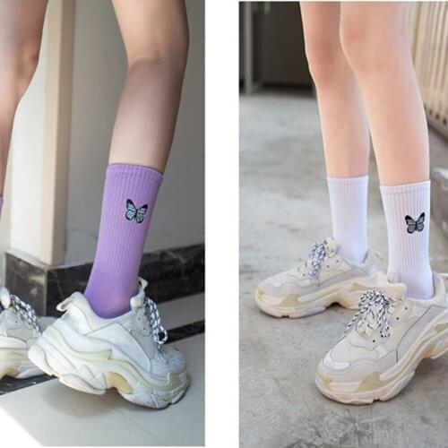 Women Ribbed Striped Sport Long Crew Socks Harajuku Butterfly Embroidered Solid Color Skateboard Cotton Tube Stockings