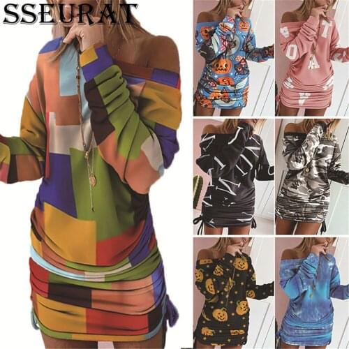 SSEURAT 2021 Autumn Women O Neck Print Mini Dress Fashion Long sleeve High Waist Basic Casual Short Dress Vestidos