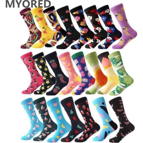 MYORED 1 pair combed cotton socks for man funny sock colorful lips cherry pineapple guitar lemon Pitaya banana pear Calcetines