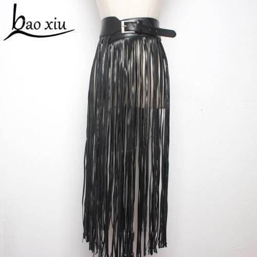 2019 Vintage Fantastic Long Fringe Belt Black Leather Designer Belts for Women Tassel Pin Buckle Corset belt trendy Straps Belt