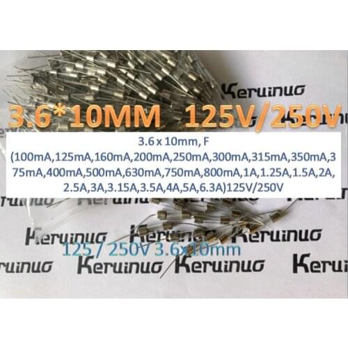 3.6 x 10mm 250V F100mA ,125mA,160mA,200mA,250mA,300mA,315mA,350mA,375mA,400mA,500mA,630mA,750mA,800mA Double cap glass fuse with