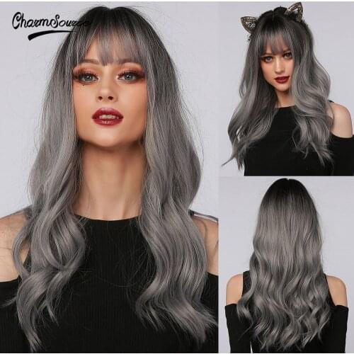 CharmSource Long Silver Grey Natural Wave Omber Wigs with Bangs Synthetic Wigs for Women Cosplay Natural Hair Heat Resistant