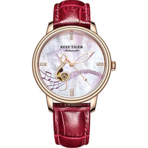 Reef Tiger/RT Luxury Fashion Watches for Women Rose Gold Pink Shell Dial Automatic Analog Watches relogio feminino RGA1582