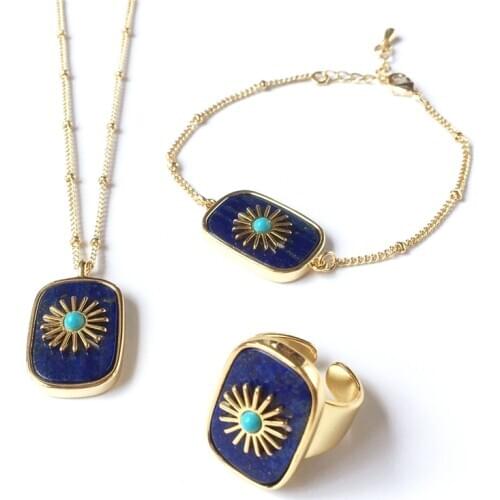 FUWO Natural Lapis Lazuli Jewelry Sets,Fashion Lazurite Semi Precious Stones Necklace Bracelet Ring Gift For Women JS007