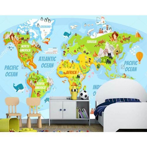 Customized childrens wallpaper,Cartoon world map with a lot of funny animals for living room kids room background wallpaper