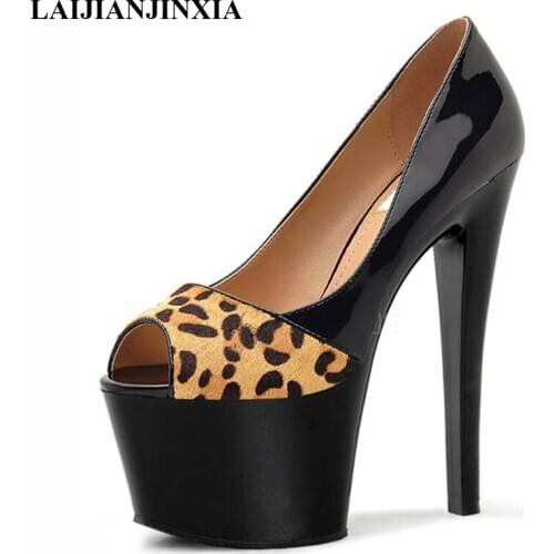 LAIJIANJINXIA New Designer 17cm thin heels platform Color Matching Patent Leather Peep Toe shoes woman bridal/wedding pumps