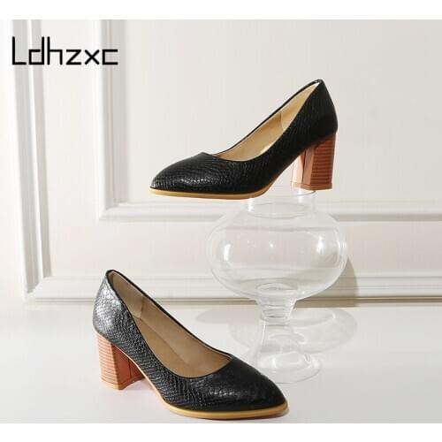 LDHZXC Patchwork Snakeskin PU Flock Women Shoes Square Heel Fashion Women Pumps Pointed Toe Slip on Single Shoes Size 34-48