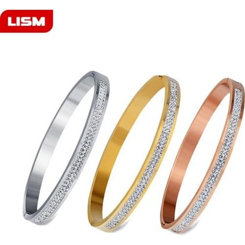 Trendy Jewelry Rose Gold Silver Color Two Row Crystal Rhinestone Pave Stainless Steel Bracelets Bangles for Women Girl Gifts