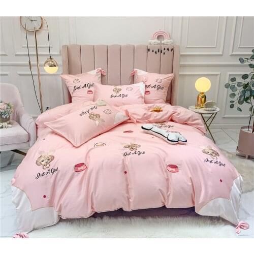 4/6pc Pastel Blue Pink Bedding Gift For Girls Lovely Cartoon Puppy Embroidered Duvet Cover French Cushion Cover Bow Shams Cotton