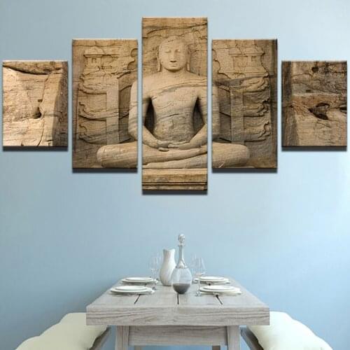 Canvas Painting Living Room Statue Wall Poster Framework In Modular 5 Panel Buddha Printed Cuadros Artwork