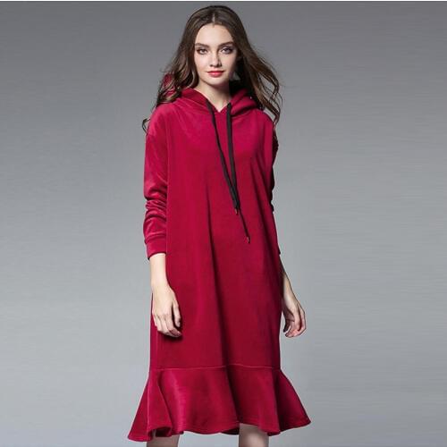 New winter Large size ladies' warm dress loose casual ruffles hooded long sleeve slim joint fishtail dress plus-size XL to 4XL