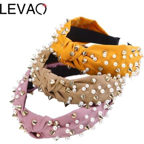 LEVAO New Knotted Headband Rivet Female Pearl Beads Hairband Solid Color Hair Hoop Bezel Headwear Hair Accessories For Women