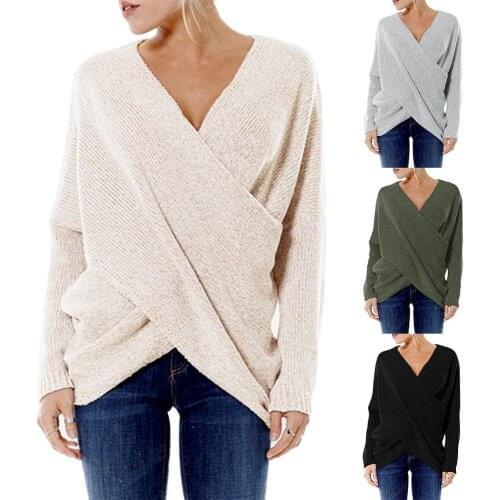 Wholesales Women V Neck Cross Front Irregular Hem Long Sleeve Solid Color Sweater Jumper