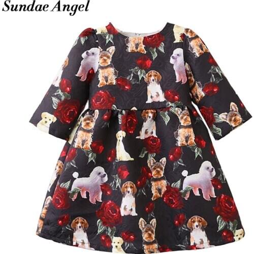 Sundae Angel Girls Dress 2021 Harf Sleeve Print Animal Dog Pattern Spring Autumn Princess Dresses Kids Clothes For 3-8 Years