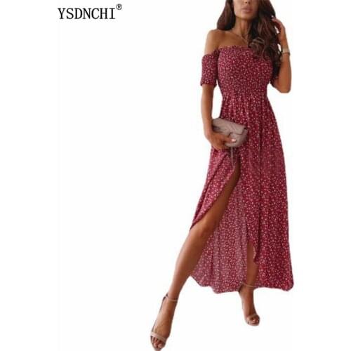 YSDNCHI Long Dress Robe Vestidos Women Summer Off Shoulder Boho Sexy Flower Print High Split Vintage Elegant Beach Sundress