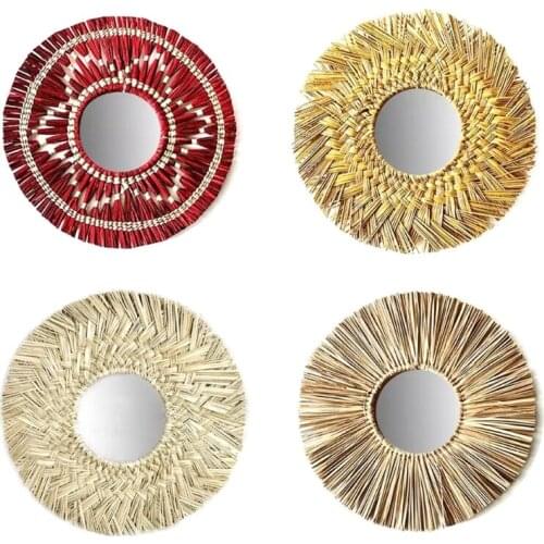 Rattan Plaited Seaweed Art Makeup Mirror Nordic Style Wall Hanging Home Decor Mirror For Apartment Living Room Bedroom