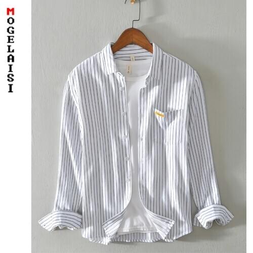 Autumn White striped shirt men long sleeve 100% cotton high quality soft man casual tops one pocket clothing chemise homme 838