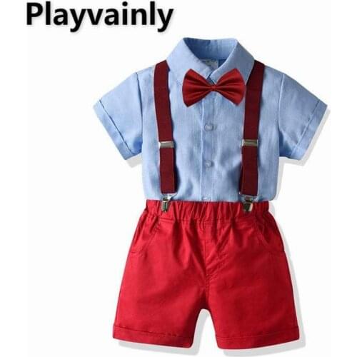 2021 Baby Boy Sets bow tie blue Short Sleeve shirt+red overalls 2 Piece cotton Suit Boy Clothes