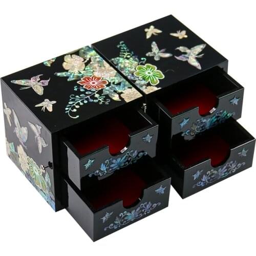 Hand Made Abalone Shell Jewelry Box Storage D4 Rawer Organizer for Jewelry Lacquerware Lacquer Arts Wedding Gift Dowry