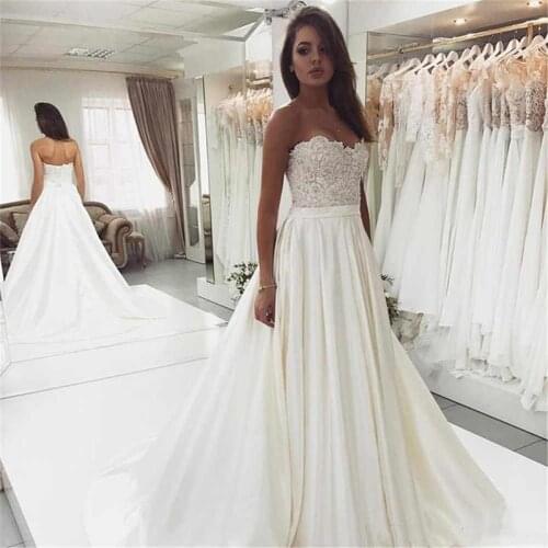 Modest Strapless Lace Satin Wedding Dresses 2019 High Quality Satin Wedding Dress Bridal Gowns Custom Made Lace-up