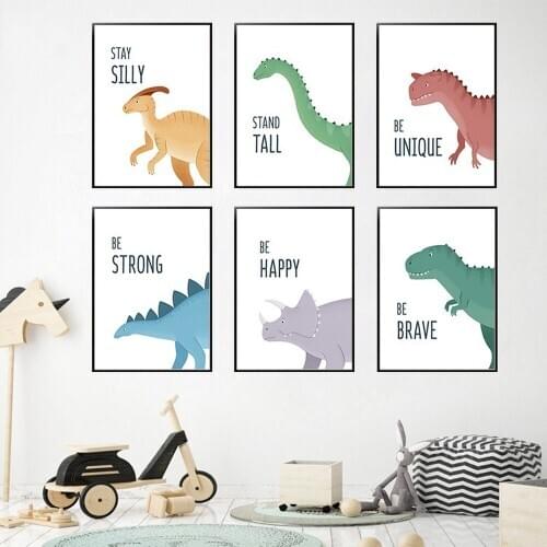 Cute Cartoon Animal Canvas Painting Colorful Dinosaur Inspirational Phrase Poster Children Room Kindergarten Decor Aesthetic