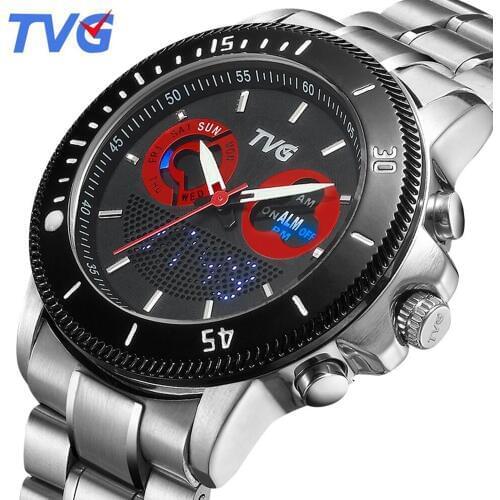 TVG 2020 Luxury Brand Men Sports Watches Fashion Quartz Clock Full Steel Analog Digital Dual Time Watches Men relogio masculino