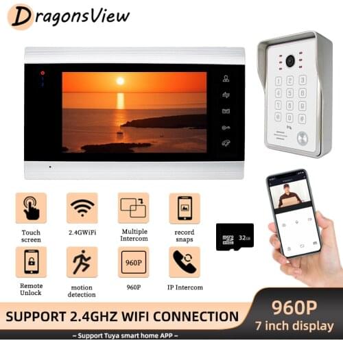 DragonsView Video Intercom Wifi Video Door Phone Wireless 7 Inch Monitor 960P Doorbell 140° Motion Detect Entry Panel Unlock