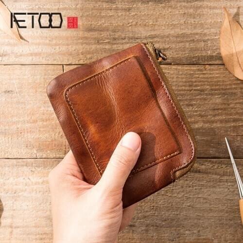 AETOO Vintage woven leather handmade card bag, mini coin purse, top layer leather ultra-thin drivers license cover