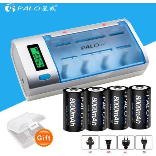 PALO LCD display battery charger for AA/AAA/SC/C/D/9V battery + 4 pcs nimh 8000 mah rechargeable D battery