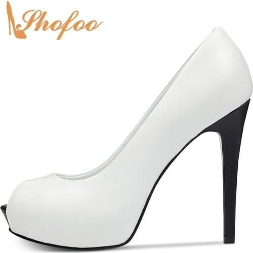 White And Black Peep Toe Stilettos Platform Pumps Woman High Thin Heels Large Size 11 16 Female Office Ladies Shoes Mature 2021