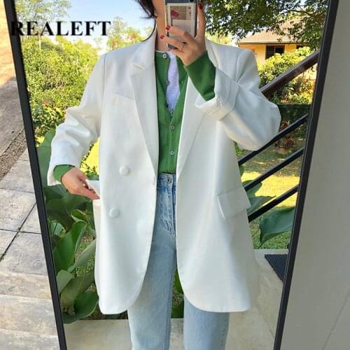 REALEFT 2021 New Spring Loose Blazer for Women Korean Style Long Sleeve Single Breasted OL Style Casual Blazer Female