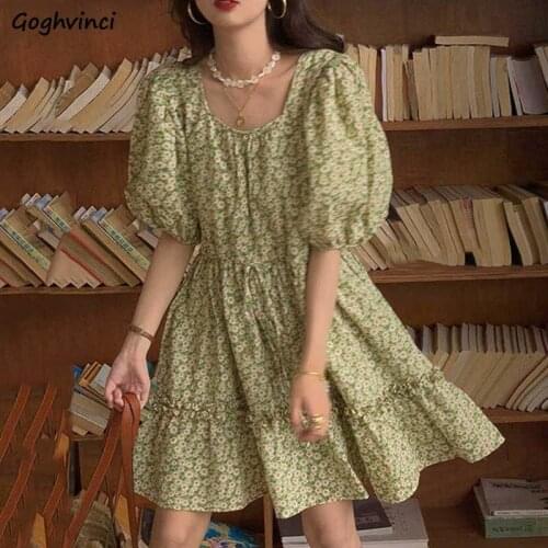 Floral Dress Women Vintage Puff Sleeve Knee-length Elegant Fungus Loose Gentle Dresses Fairy Korean Style Square Collar Vestido