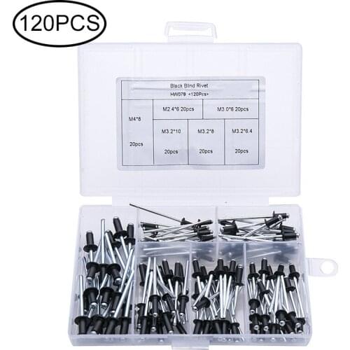 120PCS M2.4 M3.2 M4 Black Blind Rivets Kit Aluminium Nail Head Rivets Nail Decoration Pop Rivets For Furniture Car Aircraft