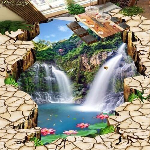 Beibehang Custom Photo Wallpaper Floor Painting 3D Fissure Cliff Falls Lotus Sky Sky Bathroom Walkway 3D Floor