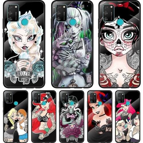 Tattoo Cartoon Princess Tempered Glass Cover For Honor 30 20 10 9X 8X Pro Plus Lite Silicone Phone Case Coque