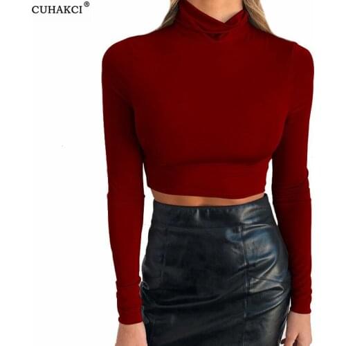 CUHAKCI Solid Basic Long Sleeve Womens Tshirt Casual Black White Fashion Crop Top Ladies Turtleneck Fashion Skinny Tee Shirt