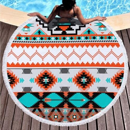 Round Printed Beach Towel, Microfiber and Tassel, Personalized Geometric Style