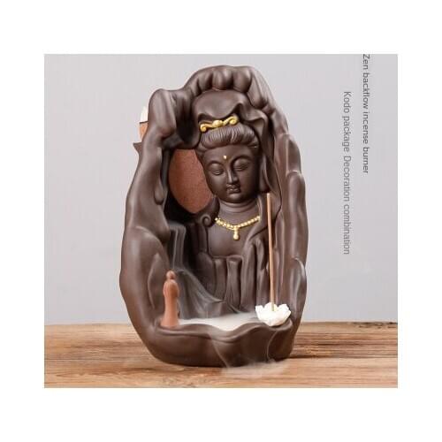 Purple sand smoke backflow incense burner depicting golden lotus Guanyin sandalwood incense burner Tathagata Zen home decoration