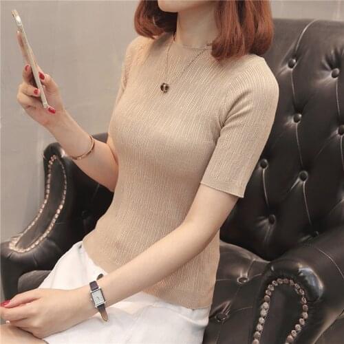 Summer of 41492 with women cultivate morality round collar sweater pure color render short-sleeved 15 (image security)