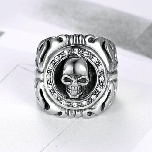 Megin D Hot Sale Vintage Personality Diamonds Skull Titanium Steel Rings for Men Women Couple Friend Family Fashion Gift Jewelry