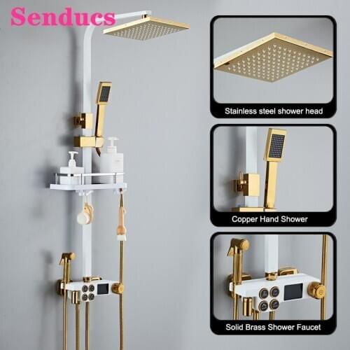 Press Shower Set Senducs White Gold Bathroom Shower System Rainfall Bathtub Faucet Polished Chrome Thermostatic Shower Sets