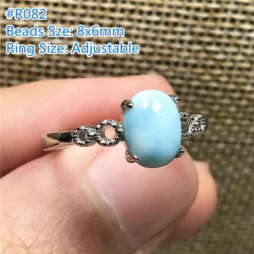 Real Natural Blue Larimar Ring Jewelry For Woman Man Silver 8x6mm Oval Beads Dominica Water Pattern Stone Adjustable Ring AAAAA