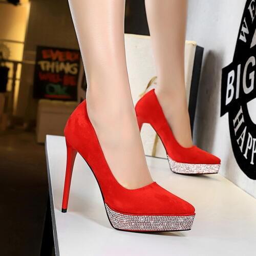 2020 New Platform Heels Rhinestone High Heels Pointed Women Pumps Sexy Party Shoes Stiletto Wedding Shoes Suede Women Shoes