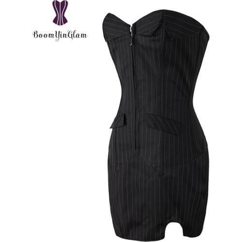 Zip Up Sexy Office Pinstriped Corselet Clubwear Costume White Collar Ladies' Corsets And Bustiers With A Shape Skirt 801