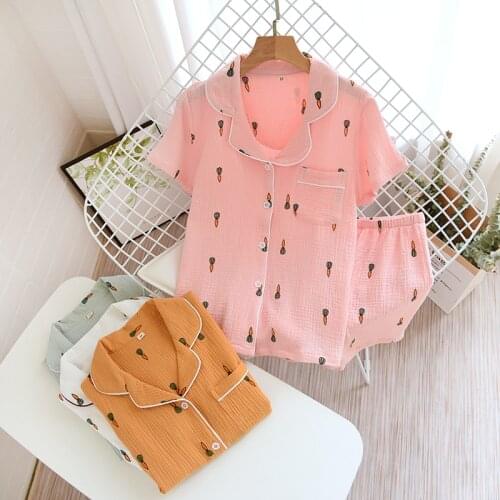 Japanese summer couple pajamas suit cotton crepe ladies solid color simple short-sleeved shirt shorts pajamas mens home service