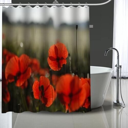 Custom High Quality Poppy Shower Curtains Bath Products Bathroom Decor Waterproof Polyester With 12 Pcs Hooks