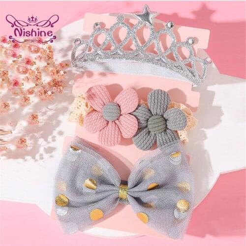 3pcs/lot Lovely Print Bowknot Baby Girls Headband Shining Crown Elastic Hairband Flowers Headwear Hair Accessories Kids Gifts