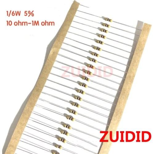 20pcs 1/6W 1R~22M 5% Carbon film resistor coppe 100R 220R 1K 1.5K 2.2K 4.7K 10K 22K 47K 100K 100 220 1K5 2K2 4K7 ohm resistance