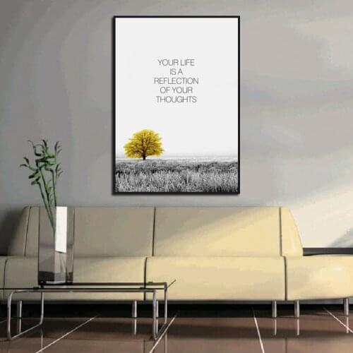 Nordic Modern Life Quotes Canvas Painting Interior Grass Gold Tree Landscape Poster Wall Art Decor Pictures for Room Home